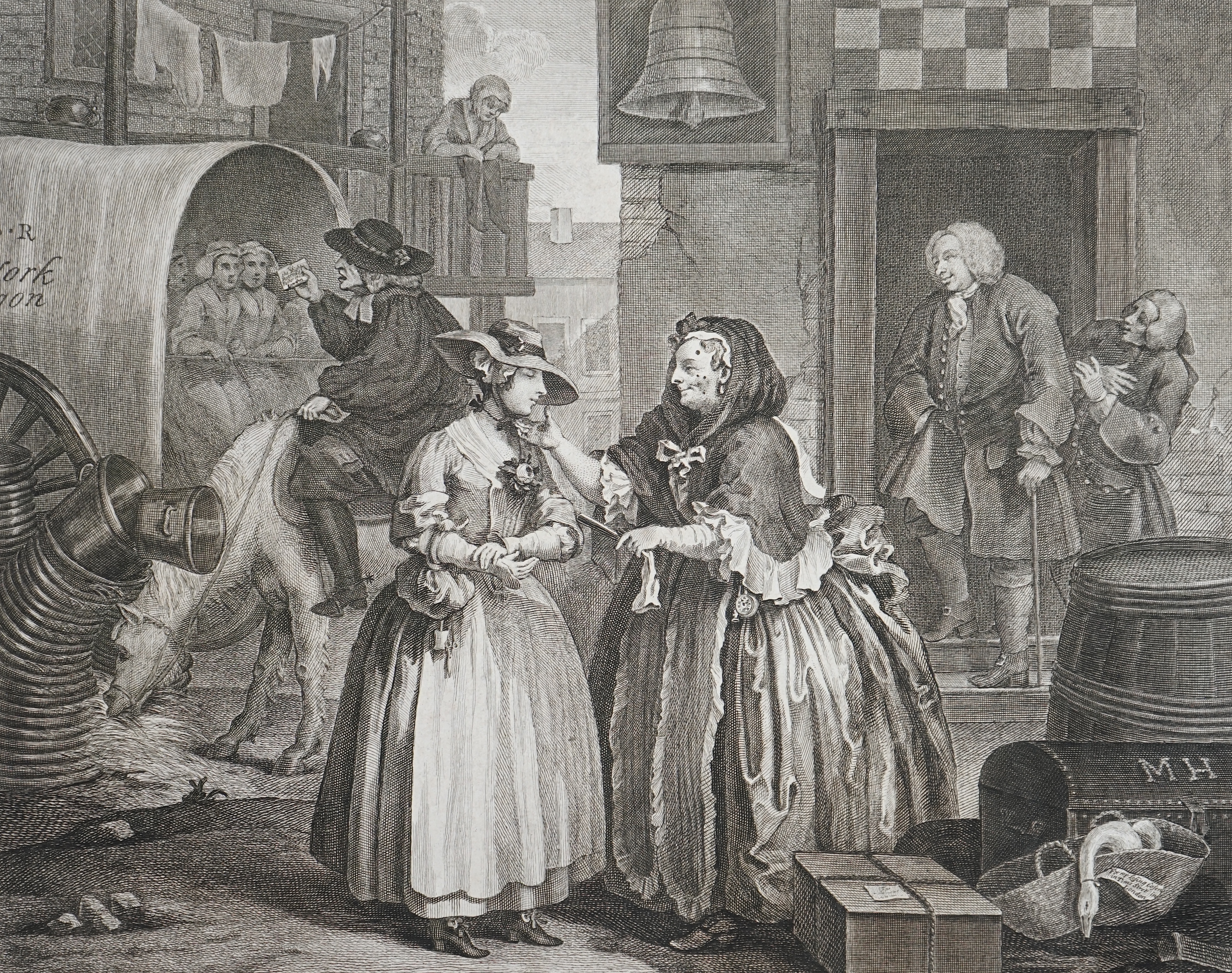 William Hogarth (English, 1697-1764), The Harlots Progress c.1775, Jane Hogarth edition, set of eight engravings, 30.5 x 58cm